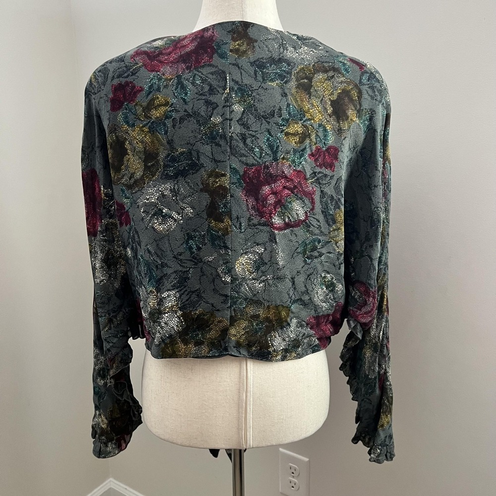 Whimsigoth Floral Tie Front Top Vintage Dark Romantic Blouse Boho Fairy Goth - Picture 2 of 13